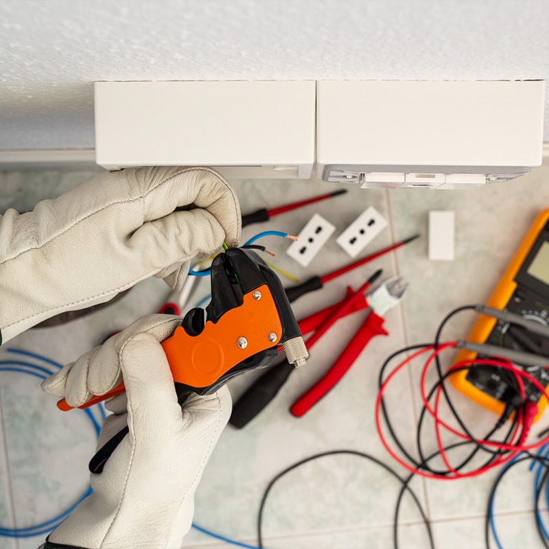 Electrician working on wiring with gloves and tools, including wire strippers and multimeter.