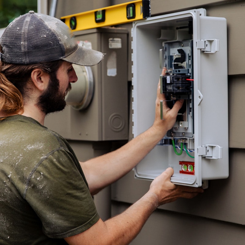 Electrician working on outdoor electrical panel, adjusting wiring with tools. Safety and maintenance concept.