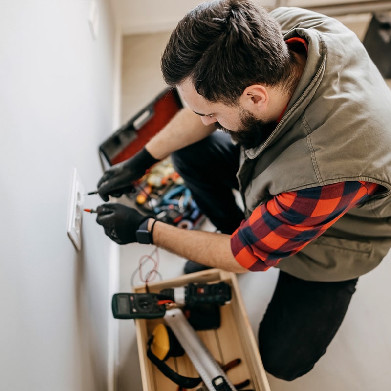 Electrician fixing wall outlet with tools, focusing on repair and maintenance in home environment.