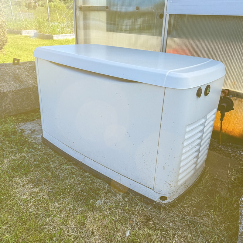 Outdoor standby generator beside a building, surrounded by grass and sunshine.