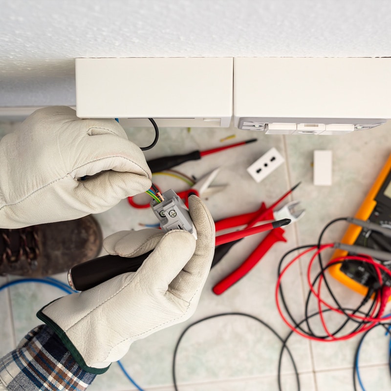 Electrician with gloves wiring an outlet, surrounded by tools and cables on a tiled floor.