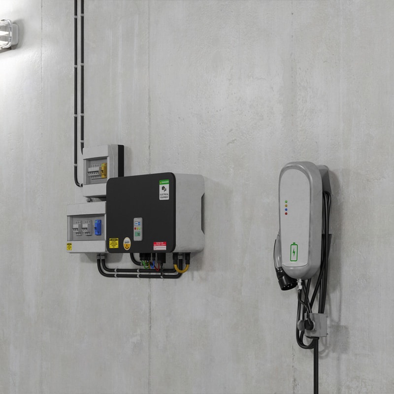 Electric vehicle charging station installed on a gray concrete wall.
