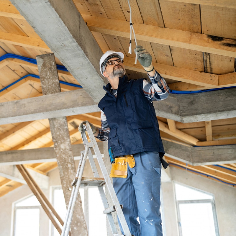 Construction worker on ladder inspecting wiring in unfinished building ceiling.