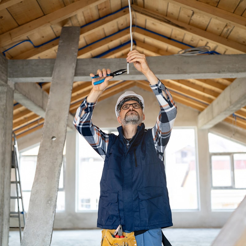 Electrician installing wiring in a wooden attic, wearing a hard hat and safety vest.